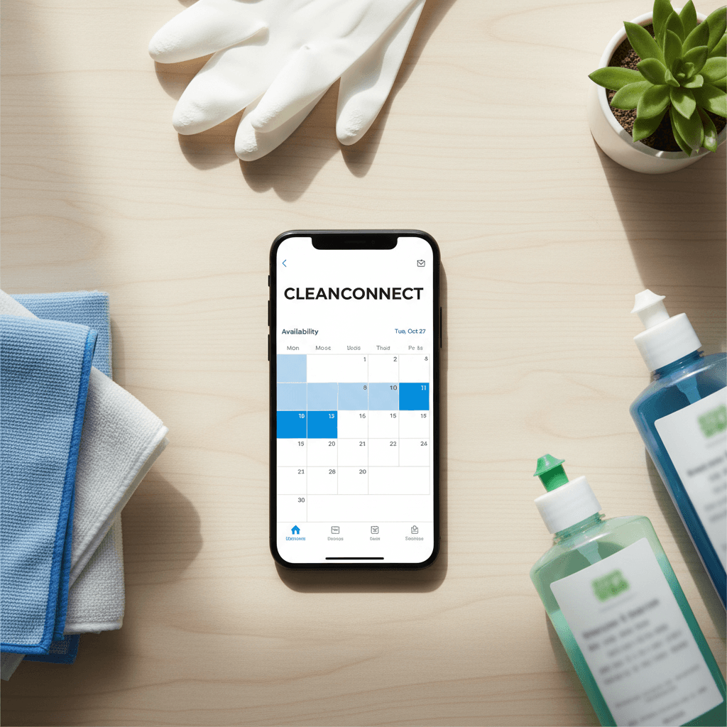 Smartphone displaying Cleanconnect booking platform with cleaning supplies nearby
