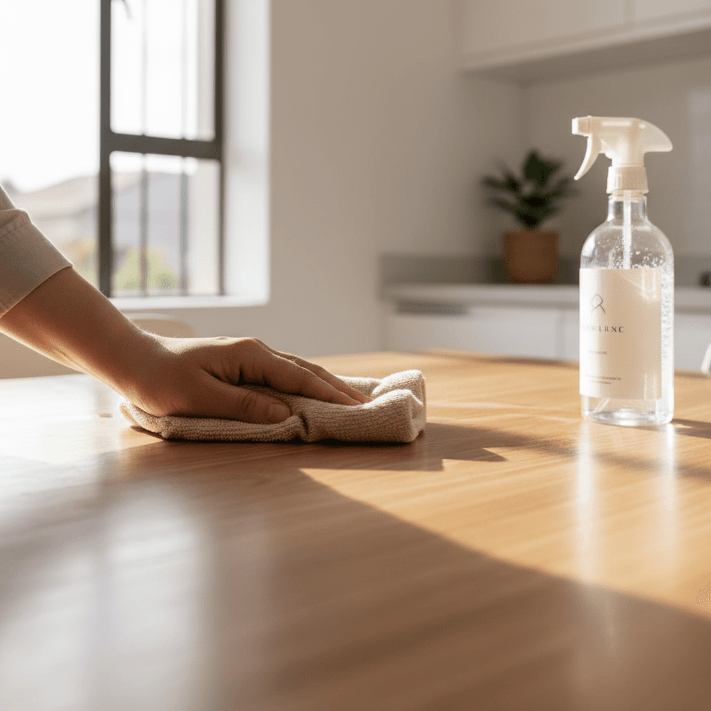 Professional cleaner wiping down wooden table with microfiber cloth