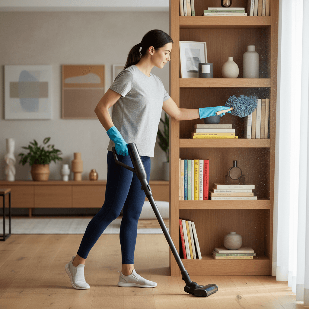 Service professional dusting and vacuuming a living room during a scheduled cleaning