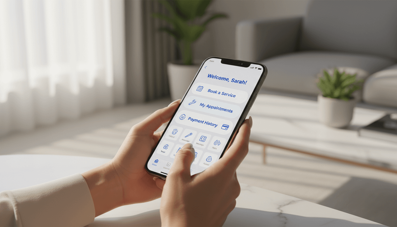 Woman using Cleanconnect app to book cleaning services on her phone
