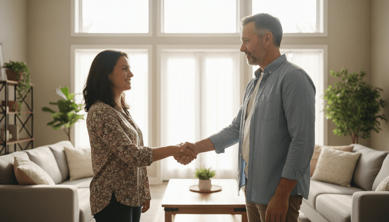 Household helper and homeowner shaking hands in a bright living room