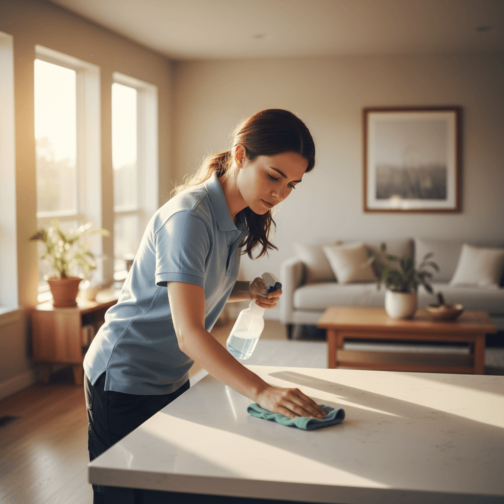 Professional cleaner actively working in a residential home