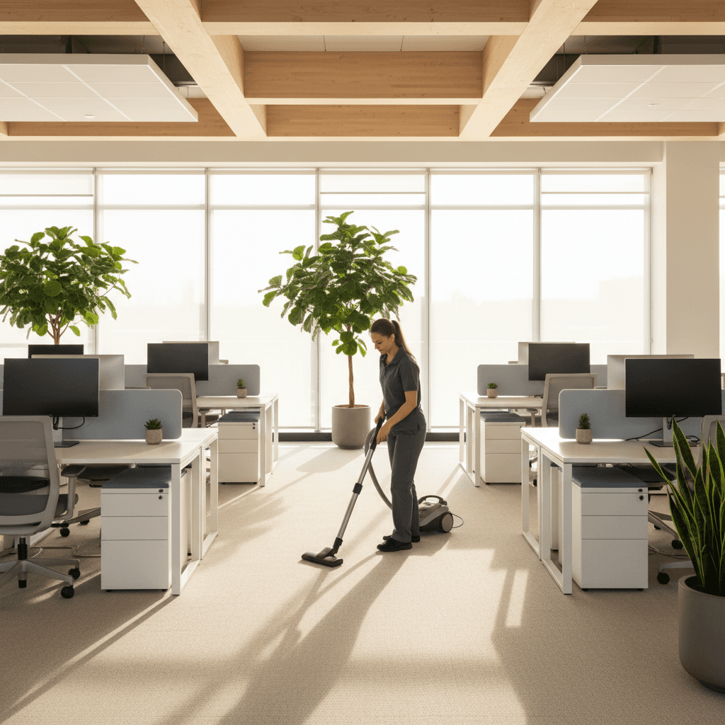 Commercial office space being professionally cleaned during business hours