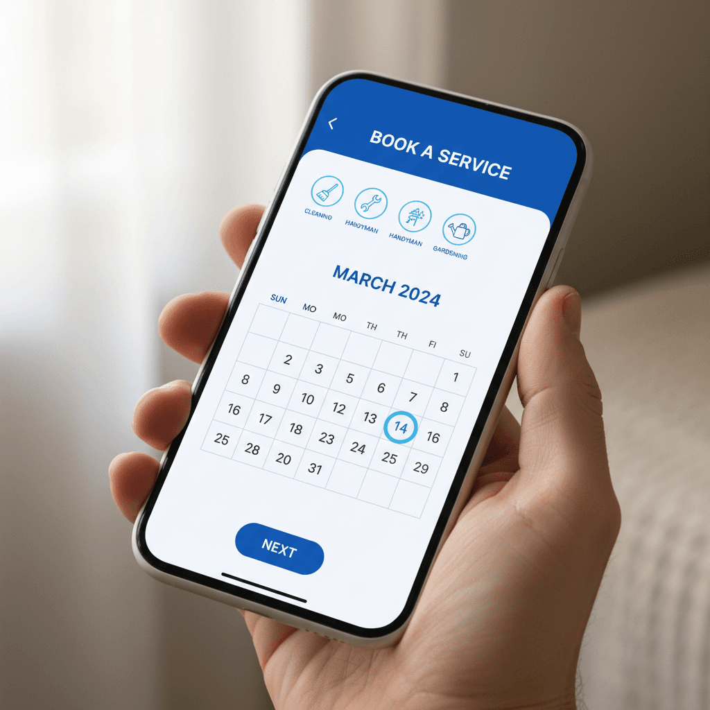 Mobile phone displaying Cleanconnect booking app interface