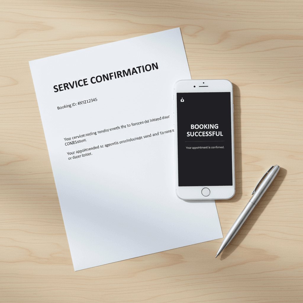 Cleanconnect booking confirmation displayed on phone and printed document
