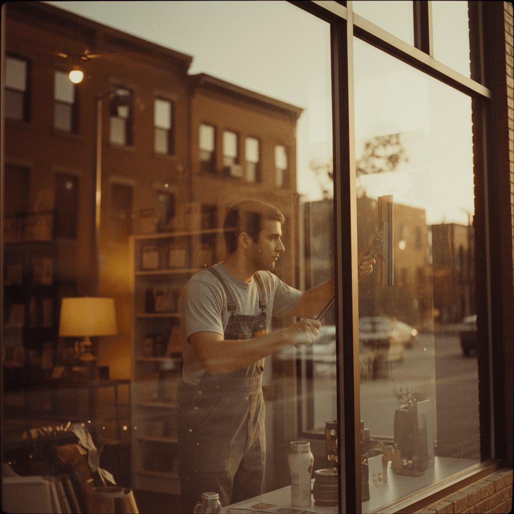 Specialist cleaner using a squeegee to clean large windows