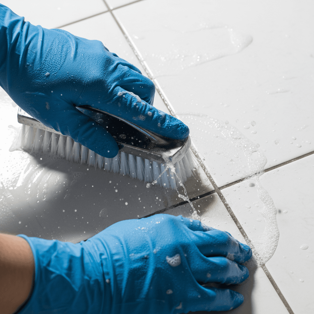 Detailed close-up of deep cleaning grout between tiles