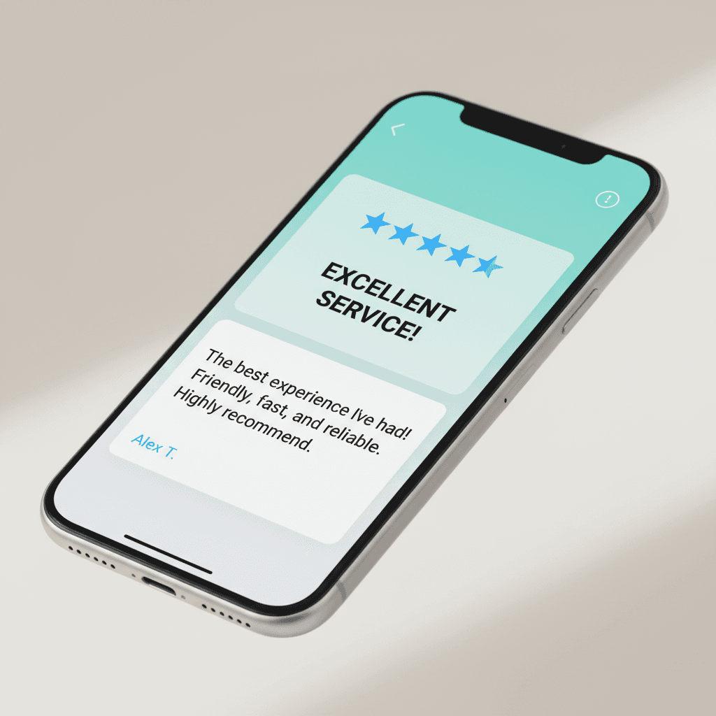 Mobile phone showing customer rating and review interface