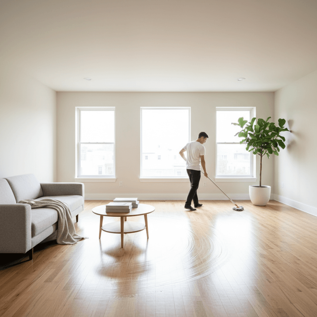Cleaner mopping hardwood floors in an empty residential space