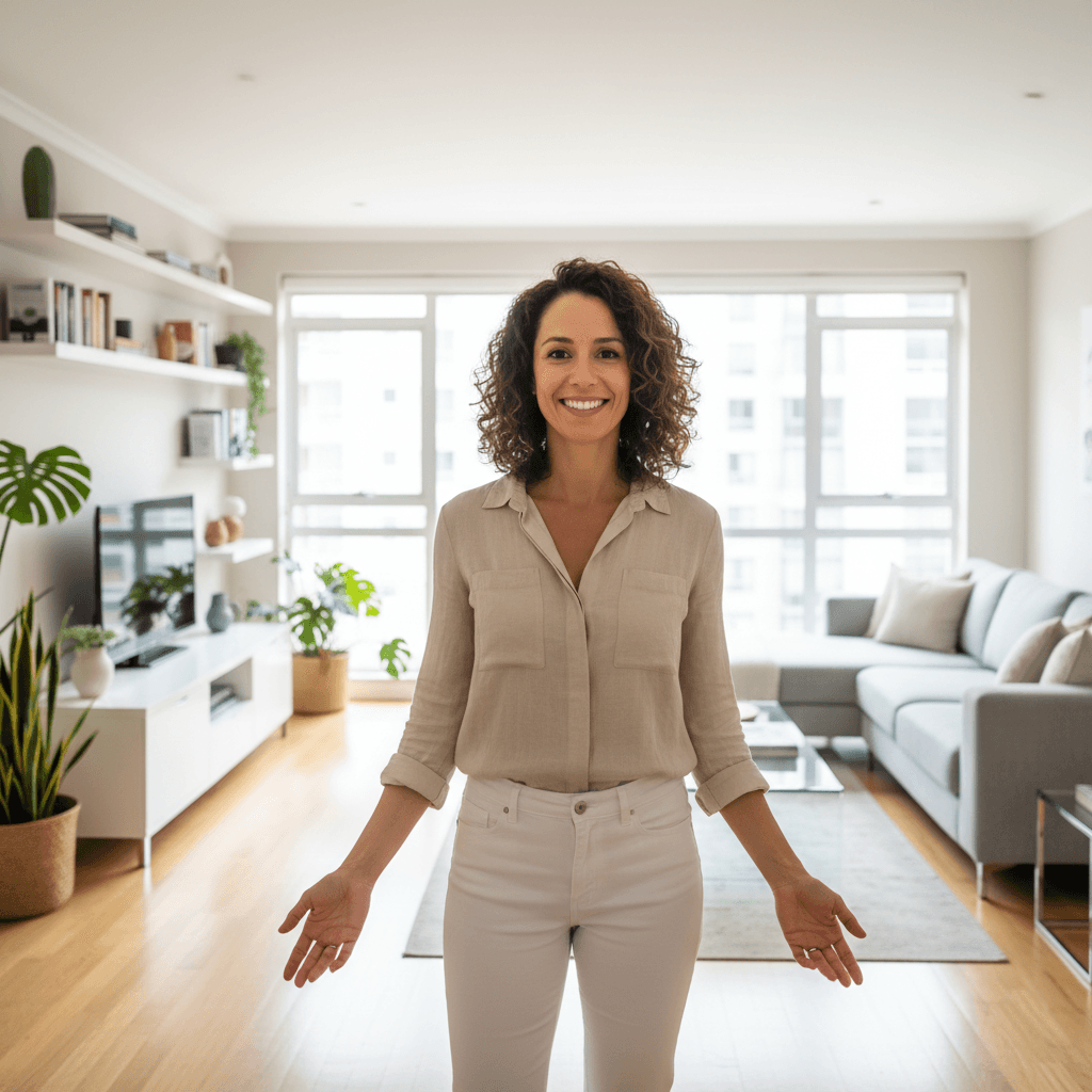 Customer smiling in their freshly cleaned living room with natural light