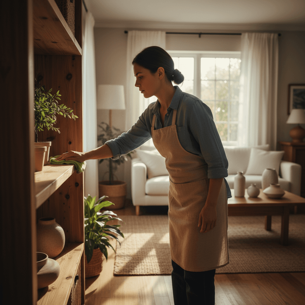 Professional cleaner dusting shelves in a bright residential living room