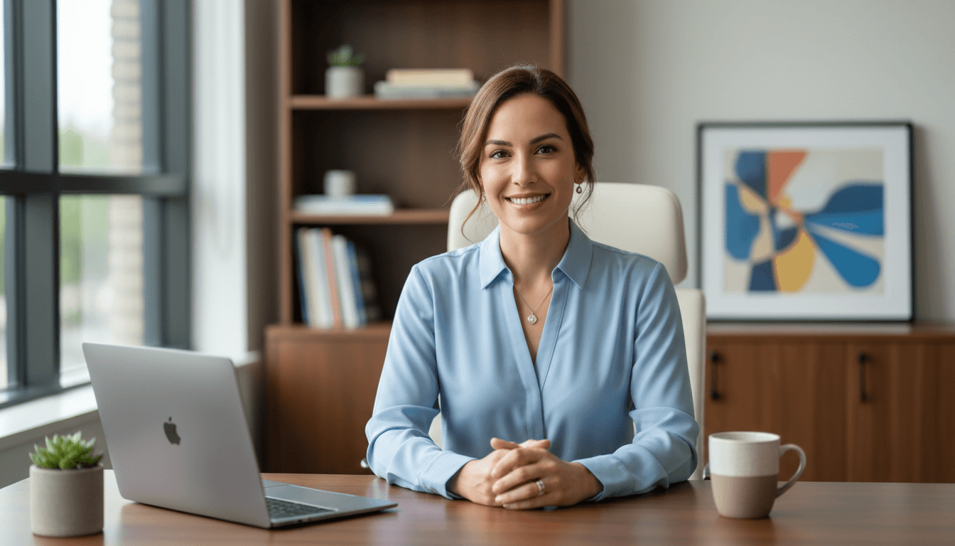 Smiling professional sitting at desk in natural light, approachable expression.