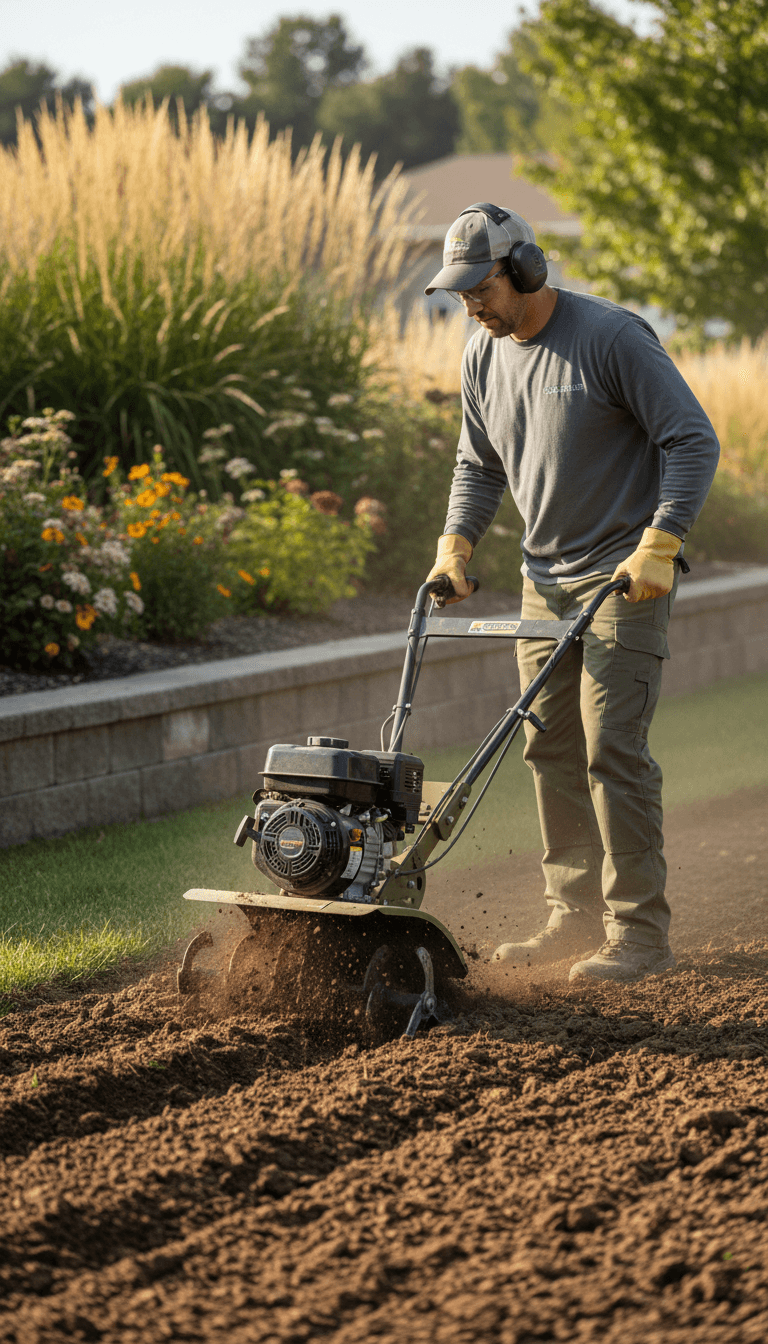 Landscaper operating walk-behind cultivator in commercial property garden bed with morning sunlight