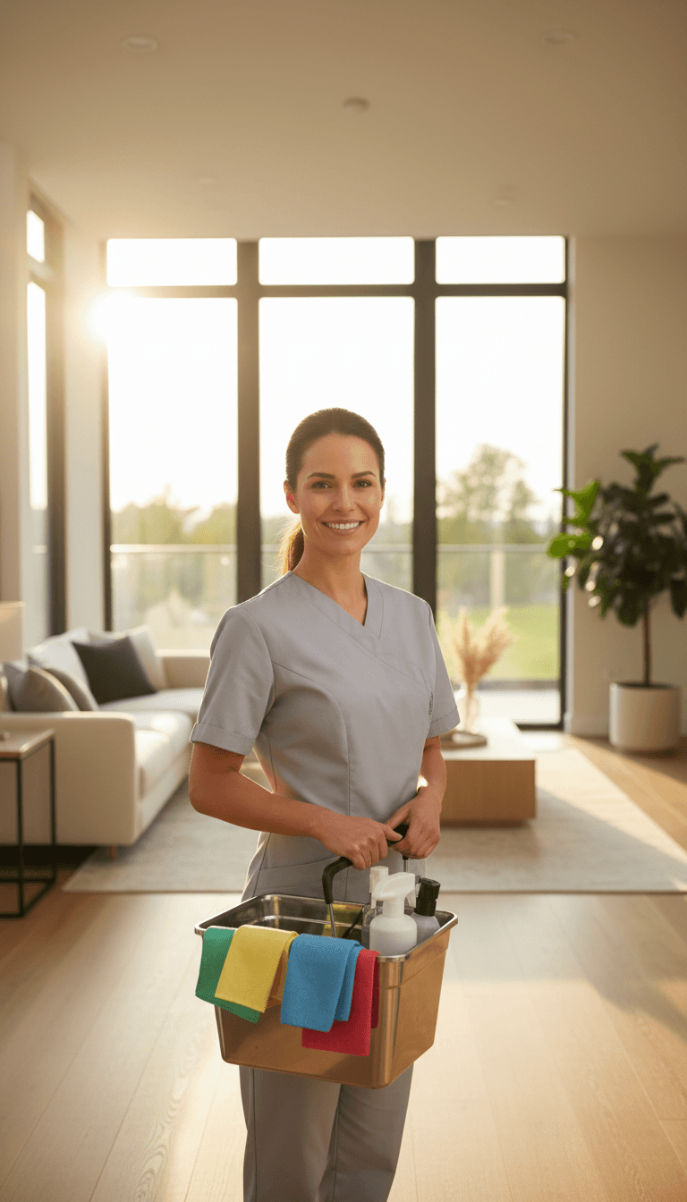 Professional cleaner in uniform standing in bright modern home entryway holding organized cleaning supplies caddy