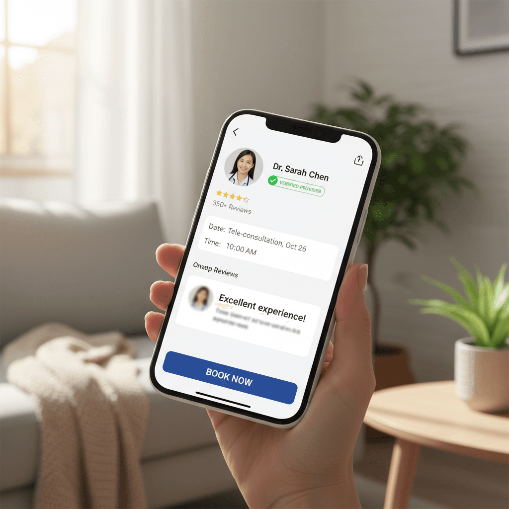 Smartphone displaying service booking interface with verified provider profile and customer reviews in natural light