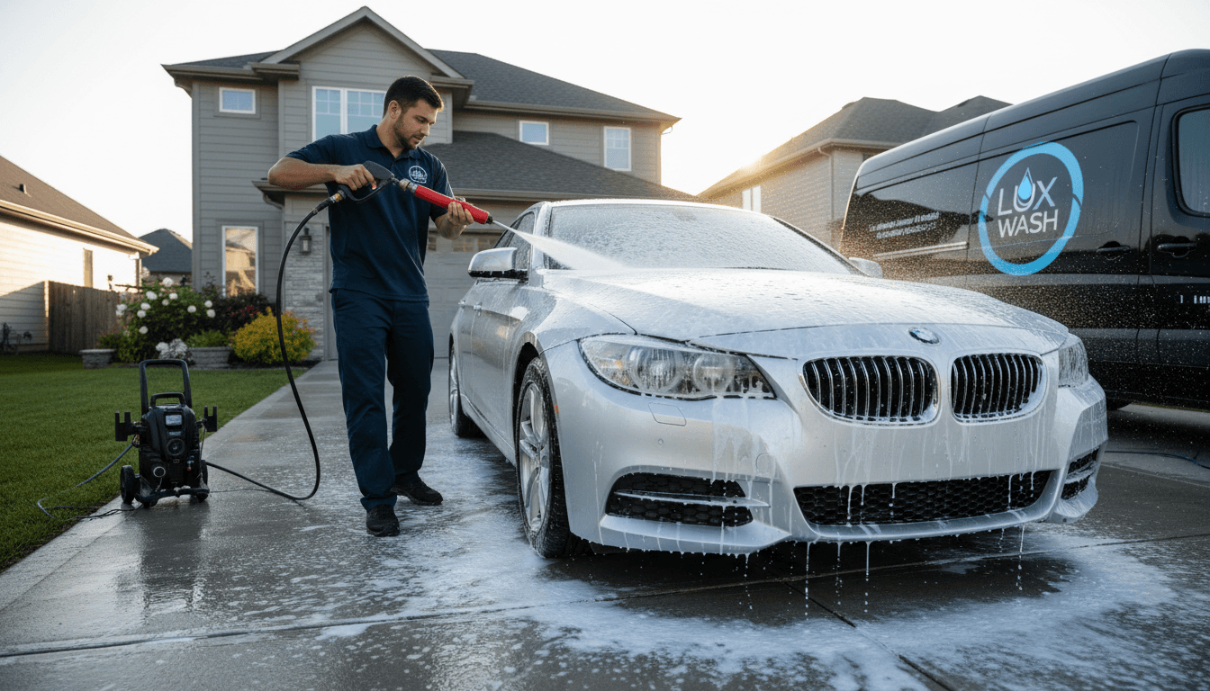Professional detailer washing silver sedan with pressure washer foam cannon on residential driveway in bright afternoon sunlight