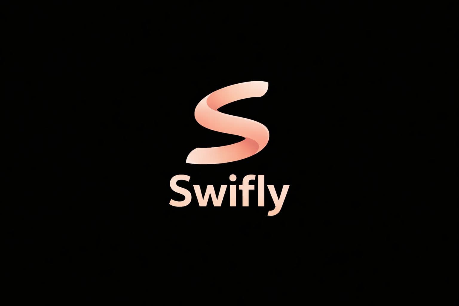 Peach ribbon-shaped letter S logo above the word Swifly on a black background.